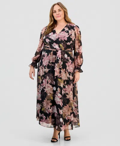 Anne Klein Plus Size V-neck Belted Long-sleeve Maxi Dress In Black