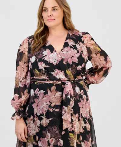 Anne Klein Plus Size V-neck Belted Long-sleeve Maxi Dress In Black