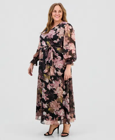 Anne Klein Plus Size V-neck Belted Long-sleeve Maxi Dress In Black