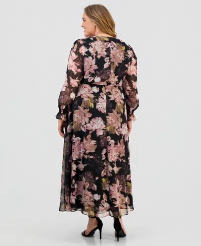 Anne Klein Plus Size V-neck Belted Long-sleeve Maxi Dress In Black