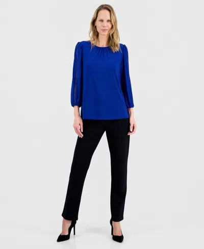 Kasper Women's Crewneck 3/4-lace-trim-sleeve Blouse, Regular & Petite In Blue
