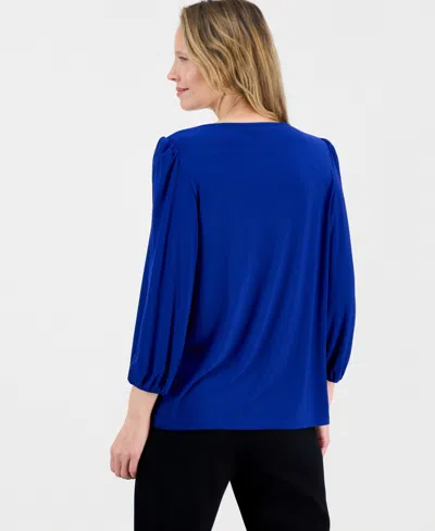 Kasper Women's Crewneck 3/4-lace-trim-sleeve Blouse, Regular & Petite In Blue
