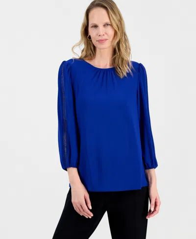 Kasper Women's Crewneck 3/4-lace-trim-sleeve Blouse, Regular & Petite In Blue