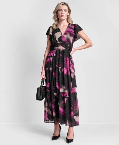 Dkny Women's Ruffle Cap Sleeve Surplice Neck Maxi Dress In Multi