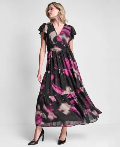 Dkny Women's Ruffle Cap Sleeve Surplice Neck Maxi Dress In Multi