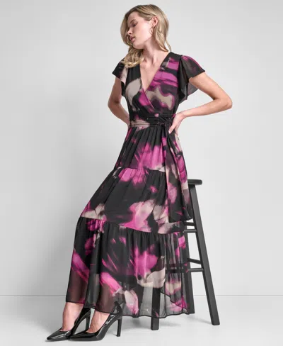 Dkny Women's Ruffle Cap Sleeve Surplice Neck Maxi Dress In Multi