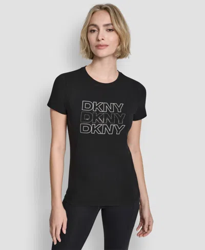 Dkny Women's Triple Rhinestone Foil Logo T-shirt In Black