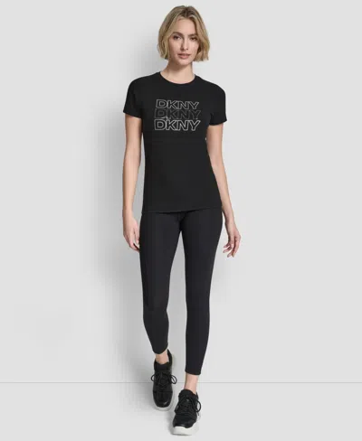 Dkny Women's Triple Rhinestone Foil Logo T-shirt In Black