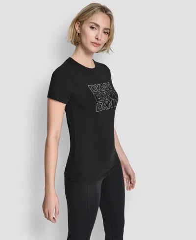Dkny Women's Triple Rhinestone Foil Logo T-shirt In Black