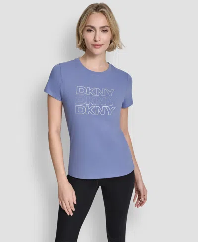 Dkny Women's Triple Rhinestone Foil Logo T-shirt In Blue