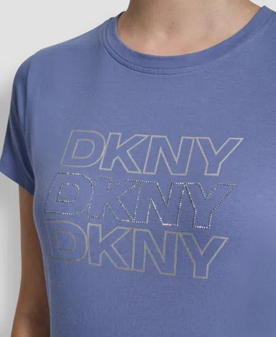 Dkny Women's Triple Rhinestone Foil Logo T-shirt In Blue