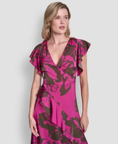 Dkny Women's Cap-sleeve Surplice Neck Ruffle Midi Dress In Pink