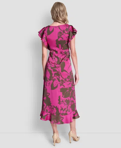 Dkny Women's Cap-sleeve Surplice Neck Ruffle Midi Dress In Pink