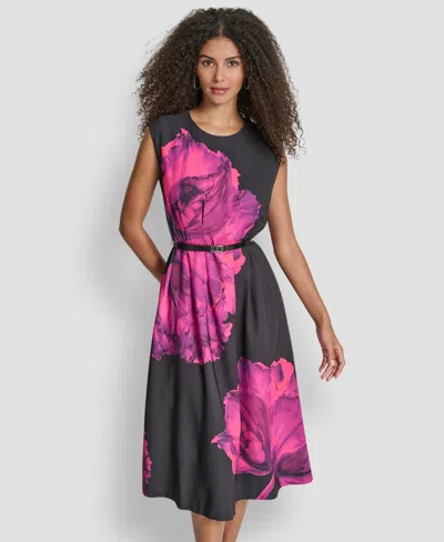 Dkny Women's Sleeveless Jewel Neck Fit And Flare Midi Dress In Pink