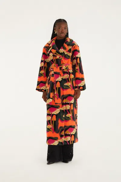 Farm Rio Black Wild Mushrooms Maxi Fleece Coat In Pink