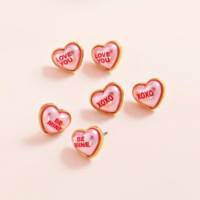 Fashnzfab 3pairs - Be Mine Love You Xoxo Message Heart Pearl Stud Earrings - Pink In Pink