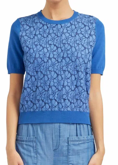 Current Air Contrast Short Sleeve Round Neck Floral Lace Sweater In Blue In Blue