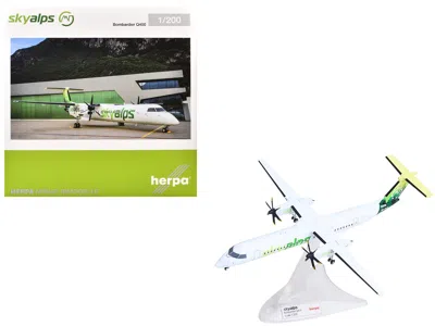 Herpa Bombardier Q400 Commercial Aircraft "sky Alps" (9h-paul) White With Green Tail Graphics 1/200 Diecas