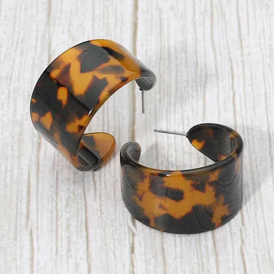 Fashnzfab Wide Tortoise Resin Hoop Earrings - Brown, Gold In Multi
