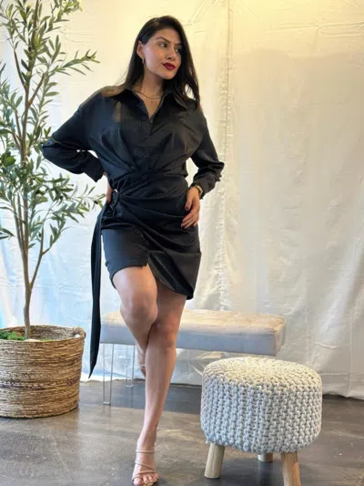 Truedames Wrap Satin Long Sleeve Button Down Mini Dress In Black