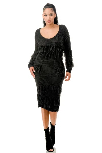 Truedames Women's Knit Long Sleeve Fringe Dress In Black