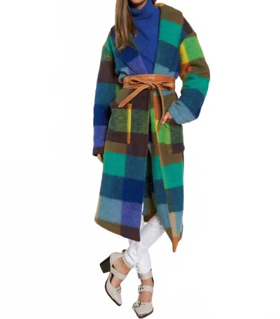 Davi & Dani Fuzzy Fringe Bottom Hem Detail Waist Belt Midi Coat In Cobalt Checker In Multi