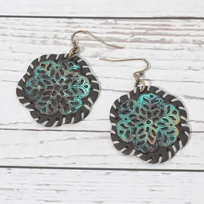 Fashnzfab Stitched Faux Leather Layered Metal Floral Dangle Earrings In Multi