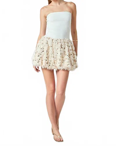 Endless Rose Feather Blouson Mini Dress In Nude/gold In White