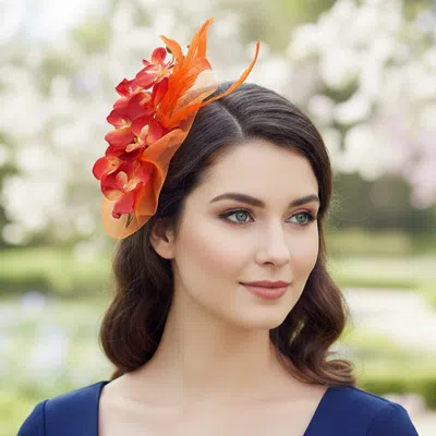 Fashnzfab Feather Accent Mesh Floral Fascinator Hair Clip Headband In Orange
