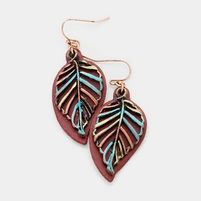 Fashnzfab Leather Metal Leaf Dangle Earrings - Burgundy, Patina Verdigris In Multi