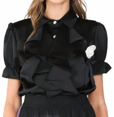 Beulahstyle Desiree Ruffle And Rose Accent Satin Blouse In Black In Black
