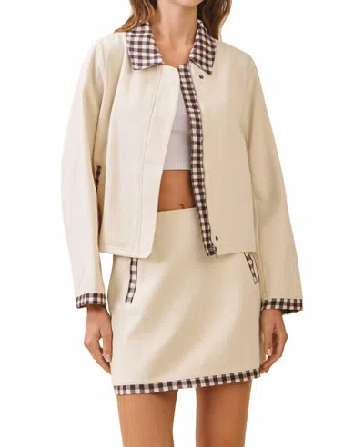 Tcec Contrast Gingham Trim Front Zipper Collared Jacket In Off White In Neutral