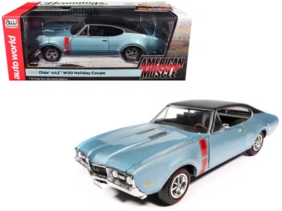 Autoworld 1968 Oldsmobile 442 W30 Holiday Coupe Teal Frost Metallic With Red Stripes And Black Vinyl