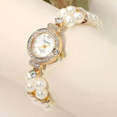 Fashnzfab Secret Box_stainless Steel Stretchable Pearl Strap Rhinestone Paved Rim Quartz Watch Gold In Gold