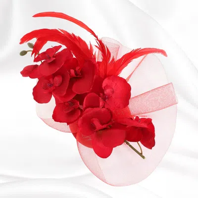 Fashnzfab Feather Accent Mesh Floral Fascinator Hair Clip Headband In Red