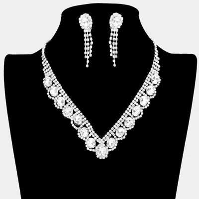 Fashnzfab Oval Stone Accented V Shaped Rhinestone Necklace Clip On Earring Set In Silver