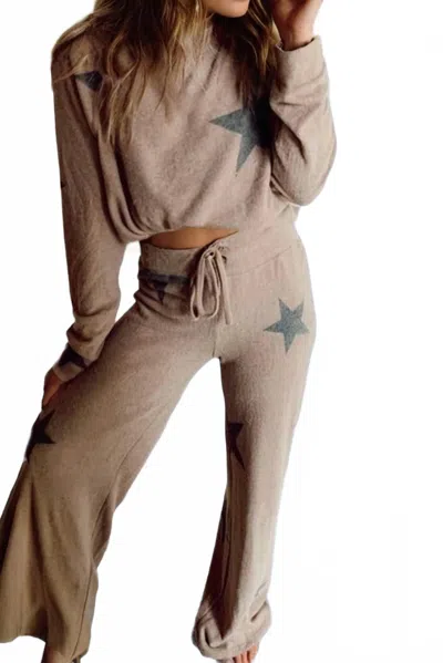 Little Daisy Closet Retro Star Long Sleeve Drawstring Wide Leg Pajama Set In Khaki In Brown