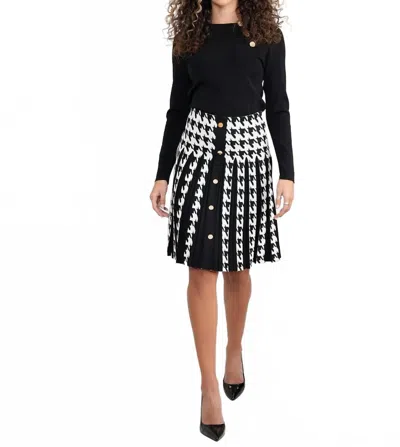 Aleeza Paris Houndstooth Pleated Skirt With Buttons In Black In Black