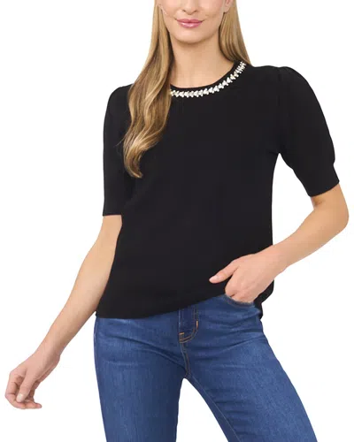 Cece Embellished Collar Short Sleeve Cotton Sweater In Black