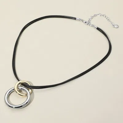 Fashnzfab Two Tone Double Metal Ring Link Pendant Faux Leather Cord Necklace In Multi