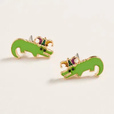 Fashnzfab Enamel Mardi Gras Alligator Stud Earrings - Green In Green