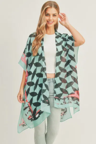 Truedames Ombree Front And Geometric Back Print Kimono In Green