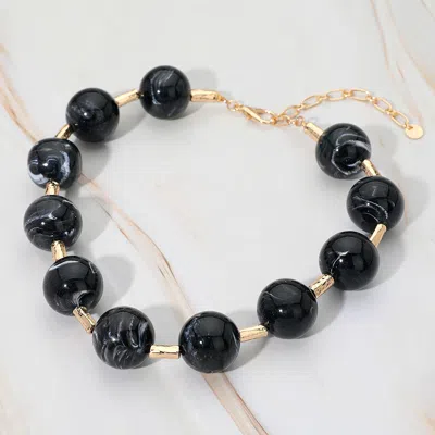 Fashnzfab Round Marble Ball Wire Beaded Statement Necklace In Black