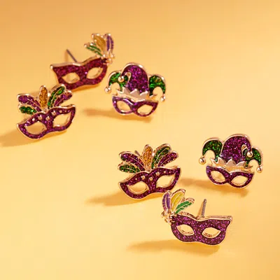 Fashnzfab 3pairs - Enamel Mardi Gras Mask Stud Earring Set - Gold, Multi In Multi