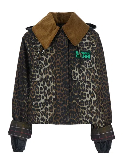 Barbour Brown Jacket With Oversized Collar And All-over Leopard Print In Waxed Cotton Woman In Animal Print