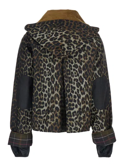 Barbour Brown Jacket With Oversized Collar And All-over Leopard Print In Waxed Cotton Woman In Animal Print
