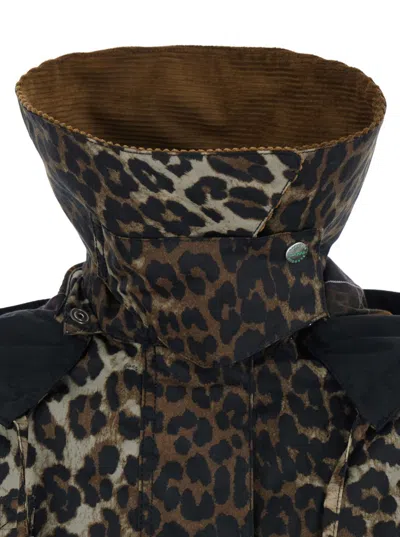 Barbour Brown Jacket With Oversized Collar And All-over Leopard Print In Waxed Cotton Woman In Animal Print