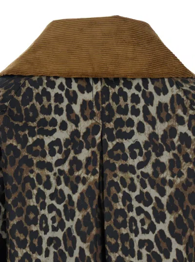 Barbour Brown Jacket With Oversized Collar And All-over Leopard Print In Waxed Cotton Woman In Animal Print