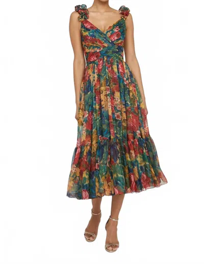 Theia Tate Ruffle Shoulder Midi Dress In Tapestry Roses In Multi
