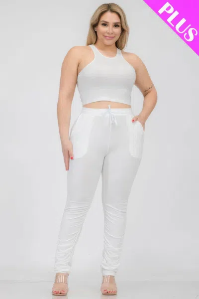 Truedames Plus Size Crop Tank Top & Ruched Pants Set In White